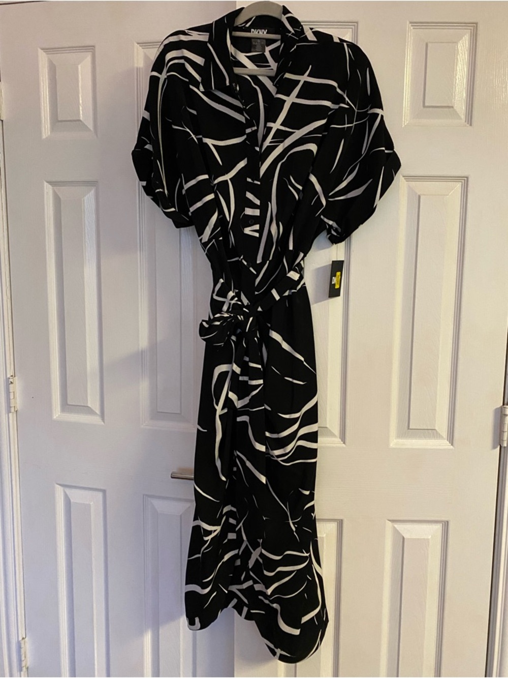 DKNY Black and White Abstract Maxi Shirt Dress